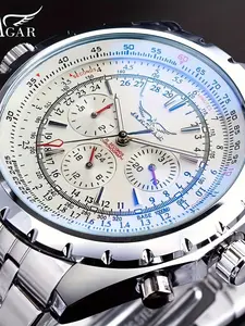 Men's Military Style Mechanical Watch, Silver Color Round Dial, Automatic Movement, Analog Display, Business Fashion, Gift Box Included, Mechanical Style Watches