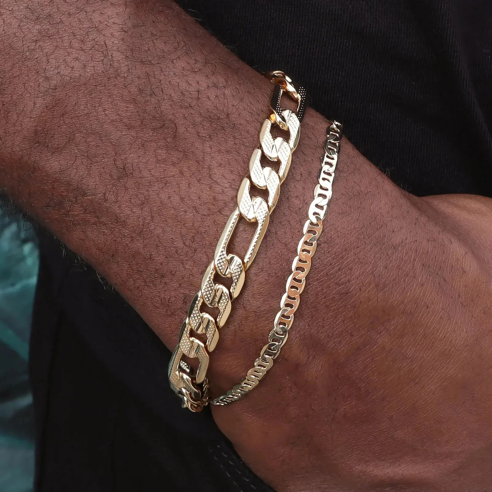 Men's 14K Stamped High-End Luxury Style Brass Gold Finished 8mm 8" Figaro & 4mm 8" Mariner Chain 2 Bracelet Set