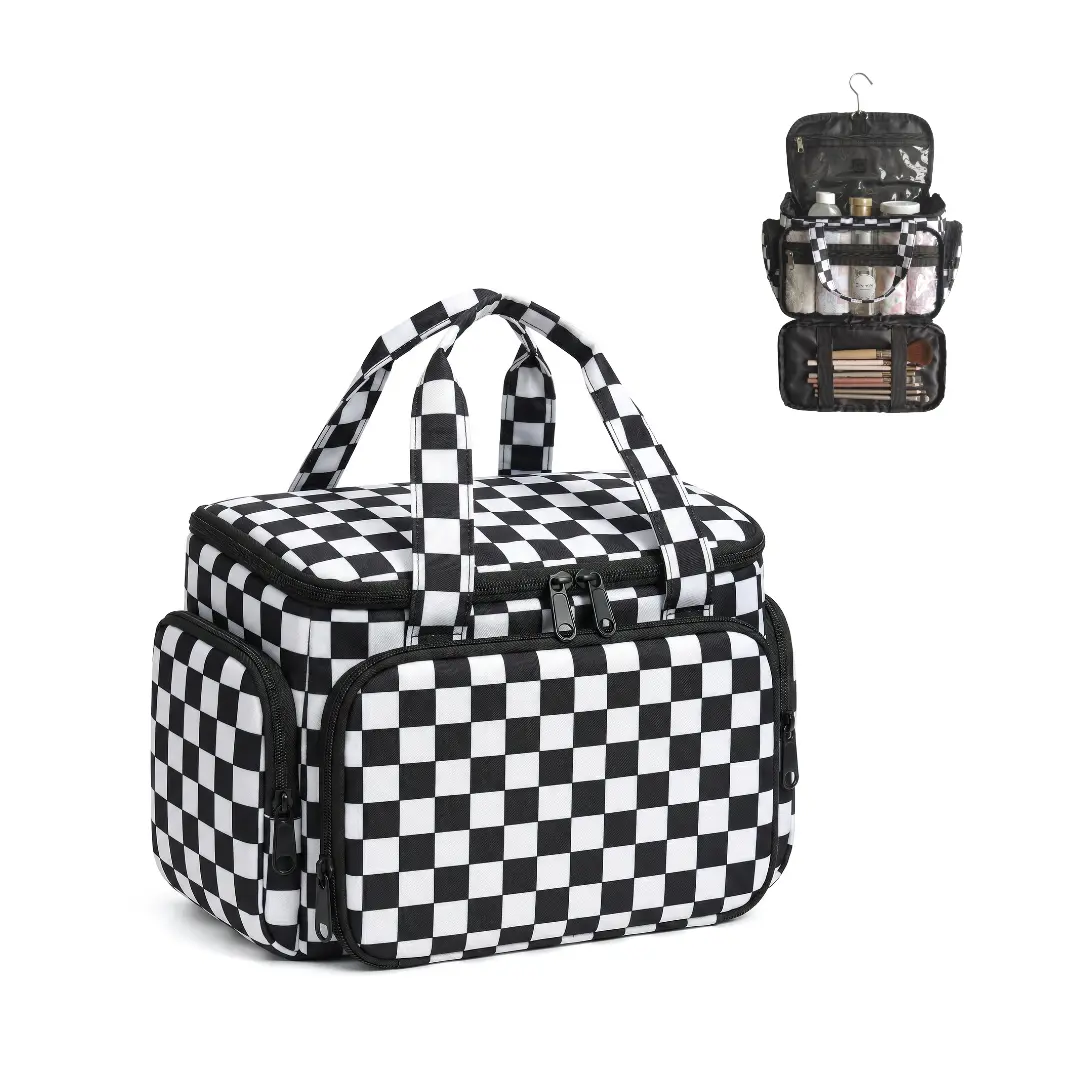 Checkered Toiletry Bag, Hangable Makeup Bag for Women,Large Portable Open Flat Toiletry Case Lightweight Travel Cosmetic Makeup Bag Organizer for Accessories,Toiletries Ideal for Business Trips, Vacations, Gym, Camping,Home Storage