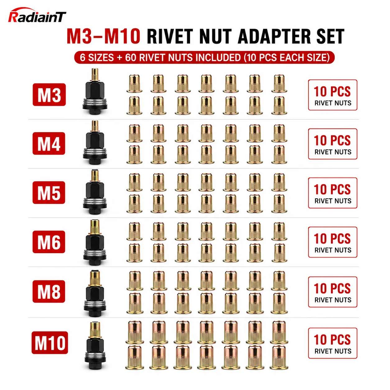 RadiainT Rivet Nut Tool Mandrel Adapter Set, M3-M10 Threaded Insert Adapters with 60 Rivet Nuts, 6 Sizes for Compatible Tools, Auto Repair & Sheet Metal Projects