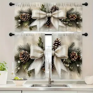 3pcs Panels Blackout Kitchen Curtain Suitable for Kitchen Cafe - Mistletoe Pinecone & Bow Print Valance Tier Curtain, Machine Washable Window