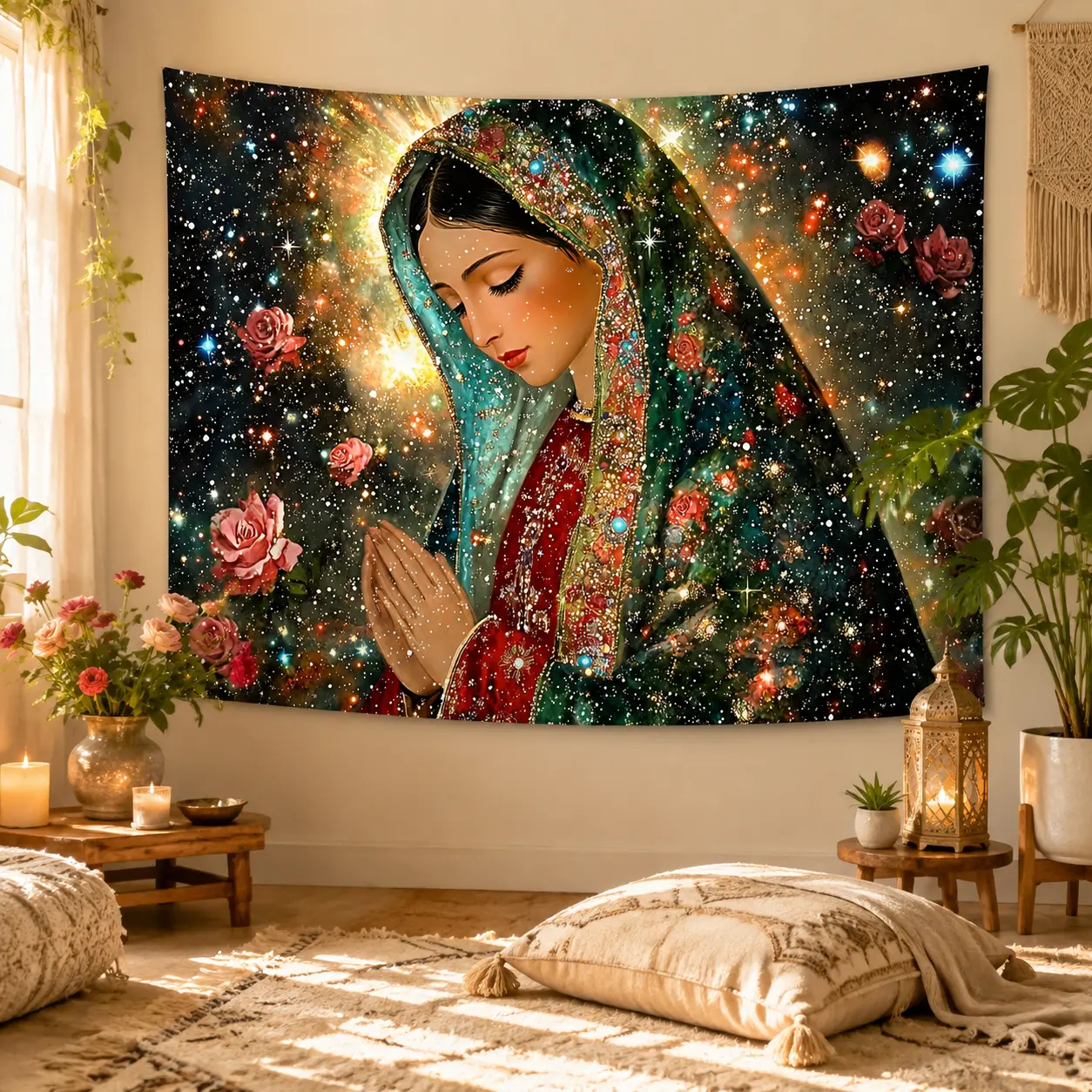 Vibrant Guadalupe Virgin Tapestry Wall Hanging - Horizontal Spanish Iconic Image, Detailed Print, Spiritual Wall Decor for Living Space, Gift Idea for Home Supplies