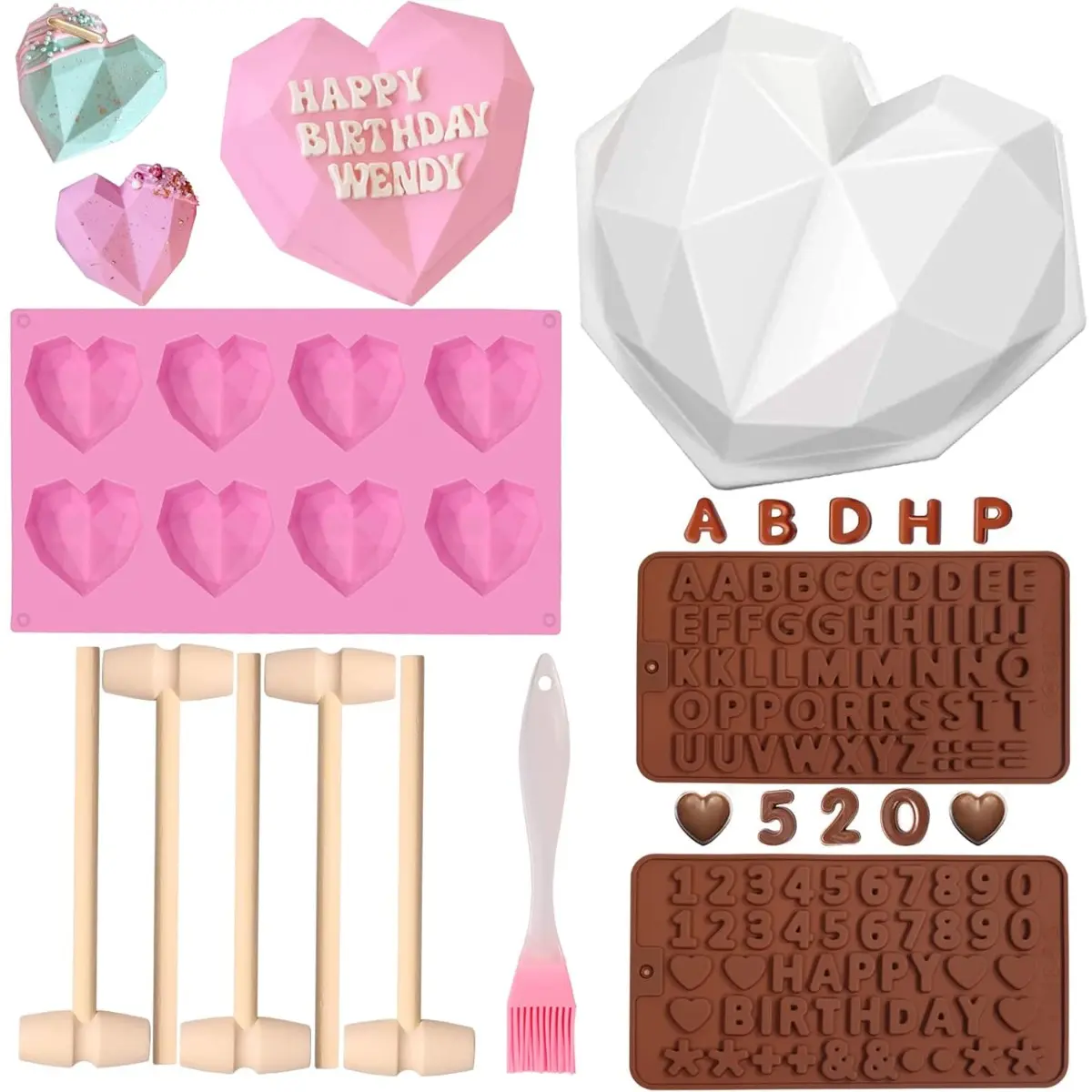 10 piece chocolate mold set, heart shaped shatterable mold with hammer and brush, digital letter mold for cake and candy making - suitable for various festivals