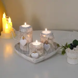 Antique Wooden Heart Candlestick Set, 4-Piece Tea Light Holder Set, Solid Wood Candle Stand for Indoor Home Decor and Craft Ornaments