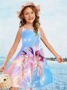 Idol Girl Group K-Pop Backless Sleeveless Dress, Colorful Light Effect Women's 3D Printed Dress, Summer Fashion Versatile, Casual Wear, Comfortable Soft Fabric