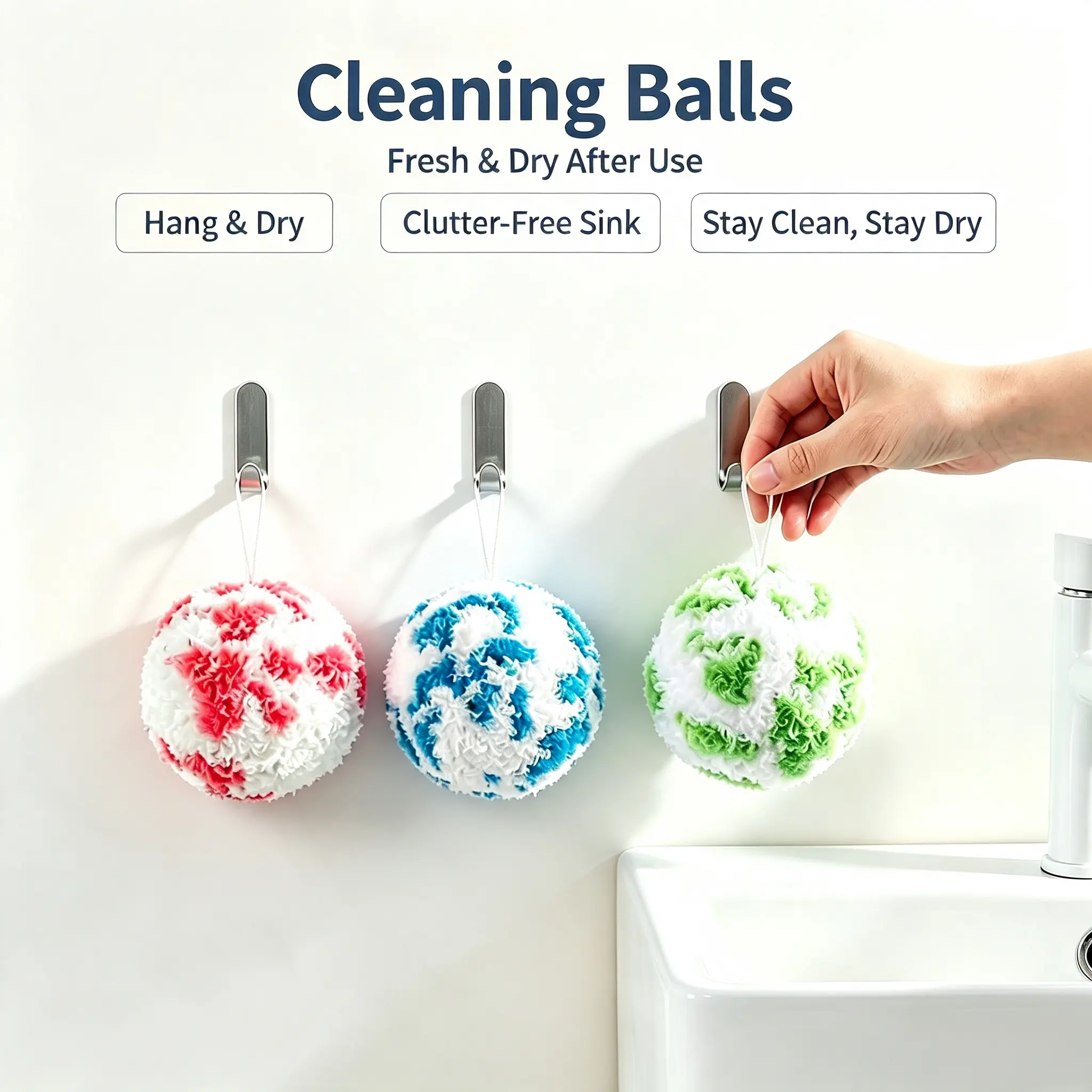 3PCS Cleaning Balls, Multi-Purpose Scrubber, Magic Cleaning Eraser Sponge,Wall-Mounted Bathroom Cleaning Kit for Sink, Bathtub, Vanity, Wash Basin & Faucet