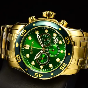 Invicta Men's 48mm PRO DIVER Scuba Chronograph Green Dial 18K Gold Plated Stainless Steel Waterproof Sport Watch PF14074 Casual Trendy Wristwatch