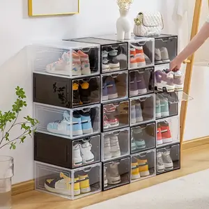 6-piece/12-piece Thickened Plastic Shoe Organizer for Closet Storage Container with Lids Clear Stackable Box US Size 13
