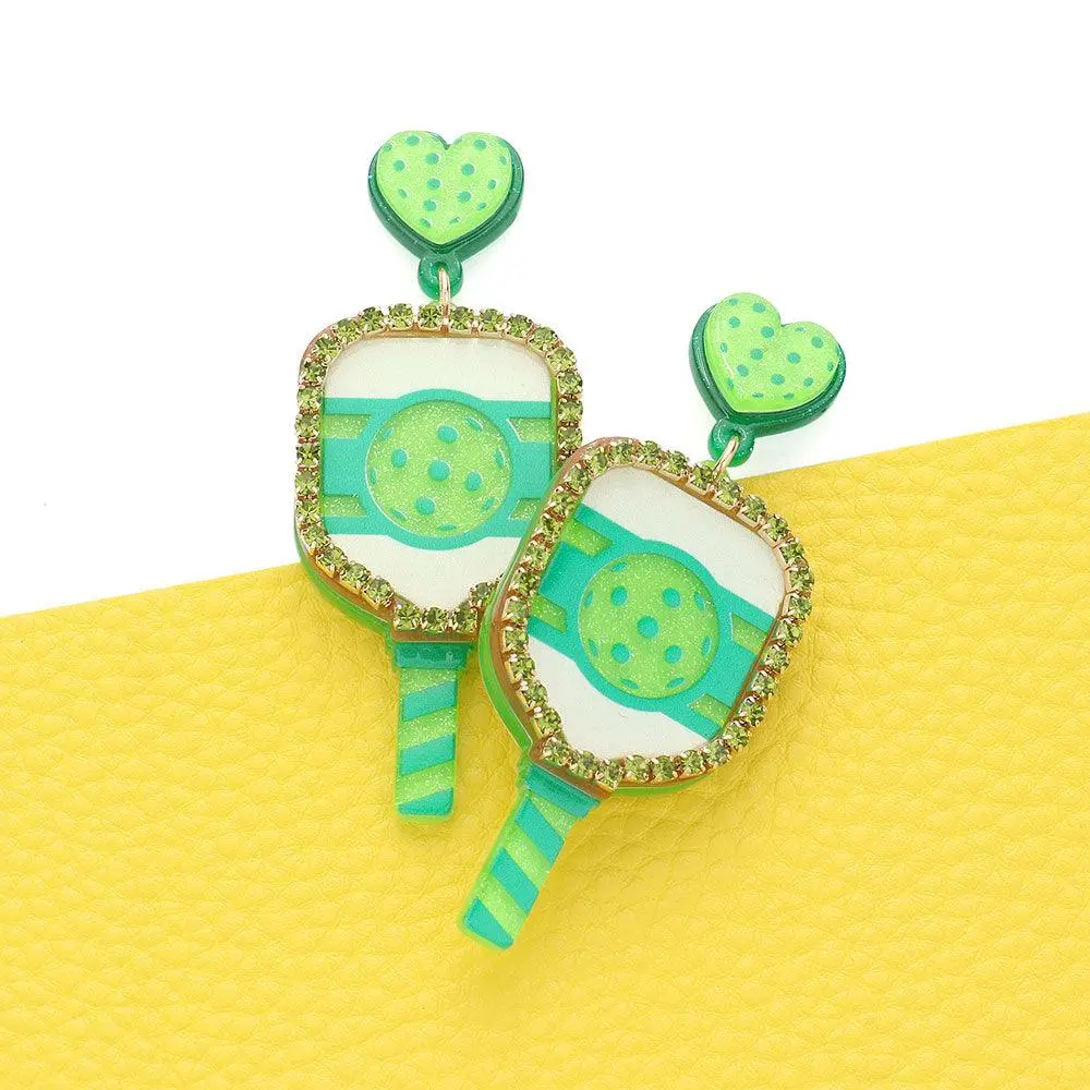 Pickleball Racquet Rhinestone Earrings for Women