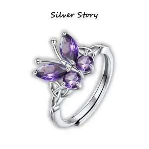 Silver Story 925 Sterling Silver Purple  Butterfly Ring for Women, Dainty Fixed Band Finger Ring with Sparkling Gemstone, Cute Nature Inspired Animal Jewelry Gift for Girls Party Daily Wear