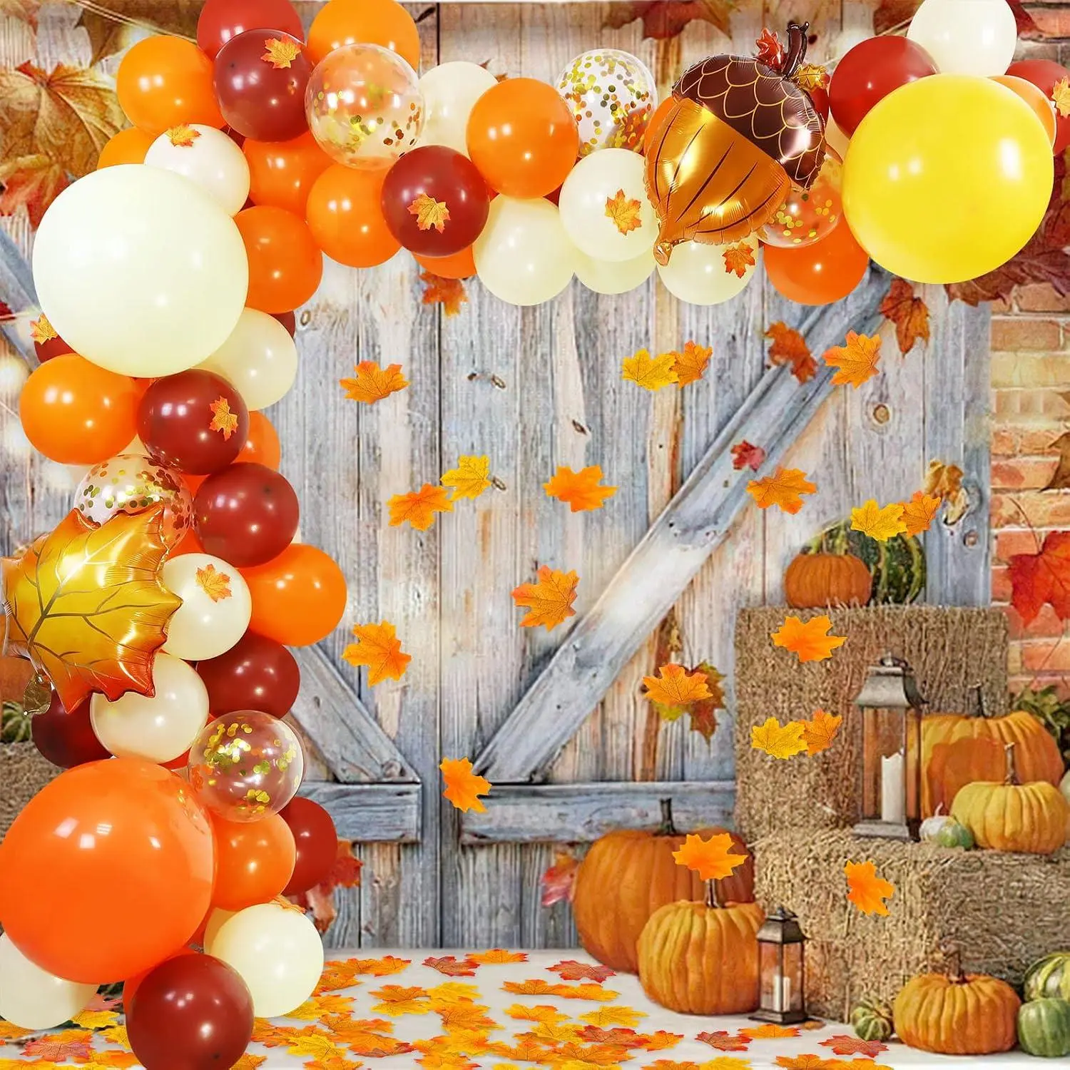 Thanksgiving Fall Balloon Garland Arch Kit, 18" 12" Orange Brown Balloons With Artificial Maple Leaves For Fall Baby Shower Birthday Decorations Thanksgiving Friendsgiving Supplies