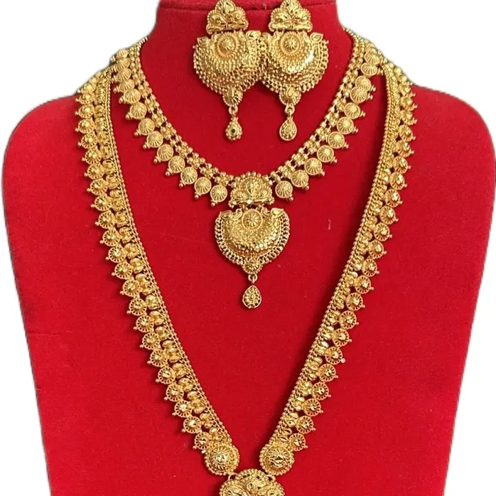 Traditional Nepali Gold-Plated Rani Haar Mini Necklace & Matching Earrings Bridal Ethnic Jewelry Set - Gold-Colored, Indigenous-Inspired Costume Jewelry for Weddings, Special Occasions, Ethnic Jewelry Sets, Gold-Colored Jewelry Sets