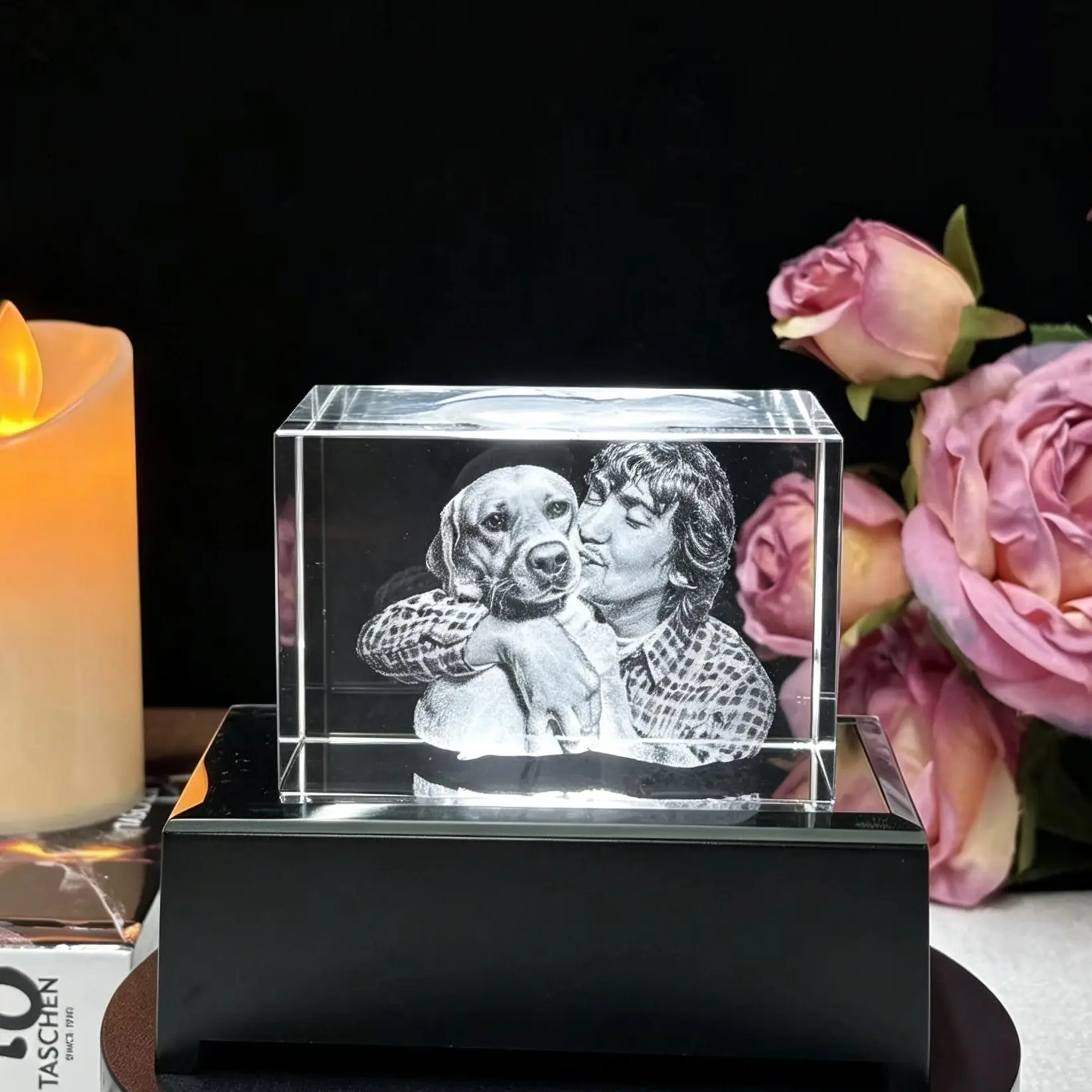 Rectangle 3D Laser Engraved K9 Crystal Photo Frame, Inner Carving Ornament, Rectangle Square Heart Iceberg Bone Cube Multi Shapes, Custom Photo Text Gift for Birthday Wedding Anniv Valentine Xmas Grad Funeral Pet Loss Family Couple Mom Dad Desk Decor