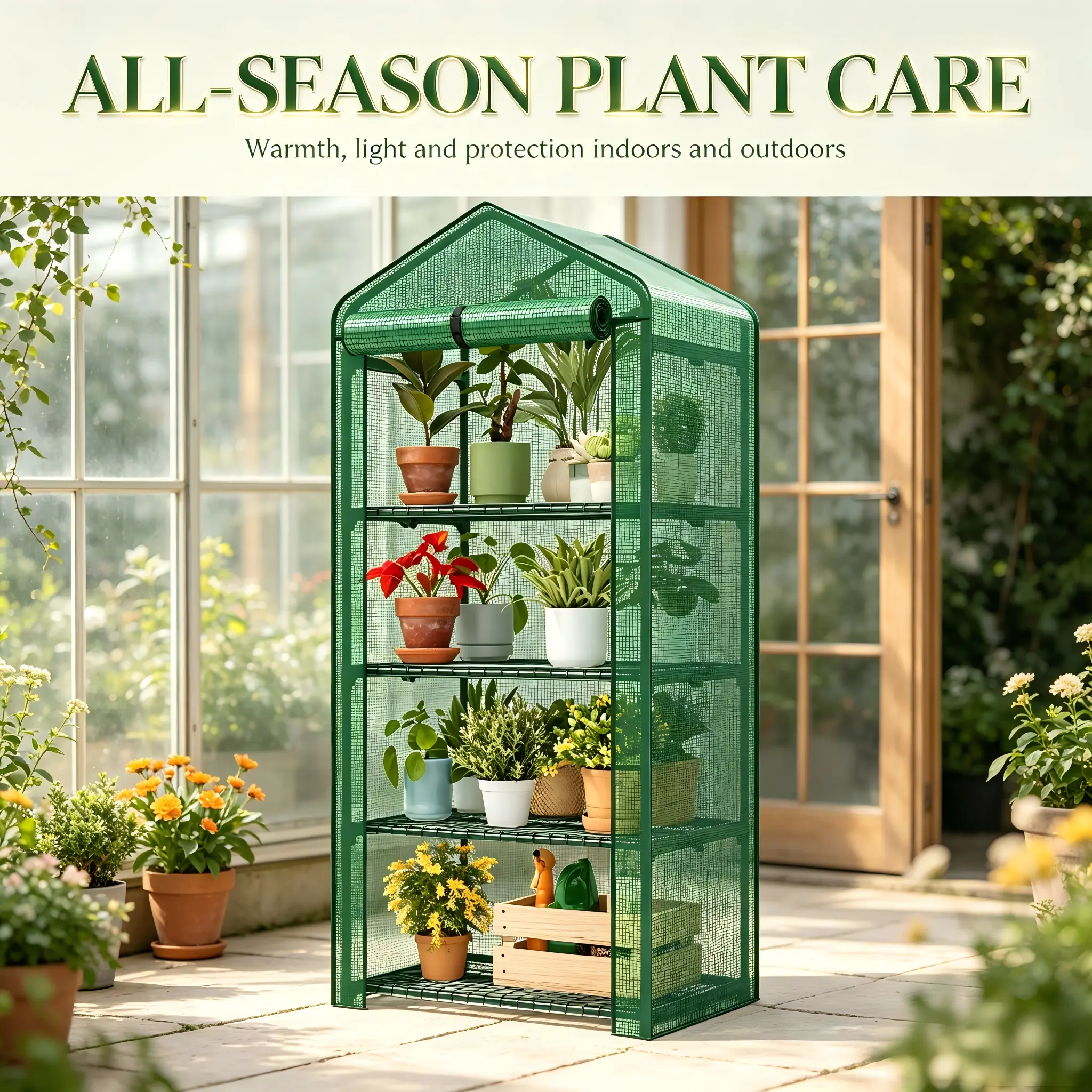 Mini Greenhouse4 Tier 62 Inch Portable , Vertical Plant Greenhouse with Sturdy Metal Frame & Durable PE Cover, Quick Assemble Aluminum Structure Zipper Roll-Up Door Plant House, Indoor Outdoor Seedling Flower Growing Shelter, Perfect Gardening Gift