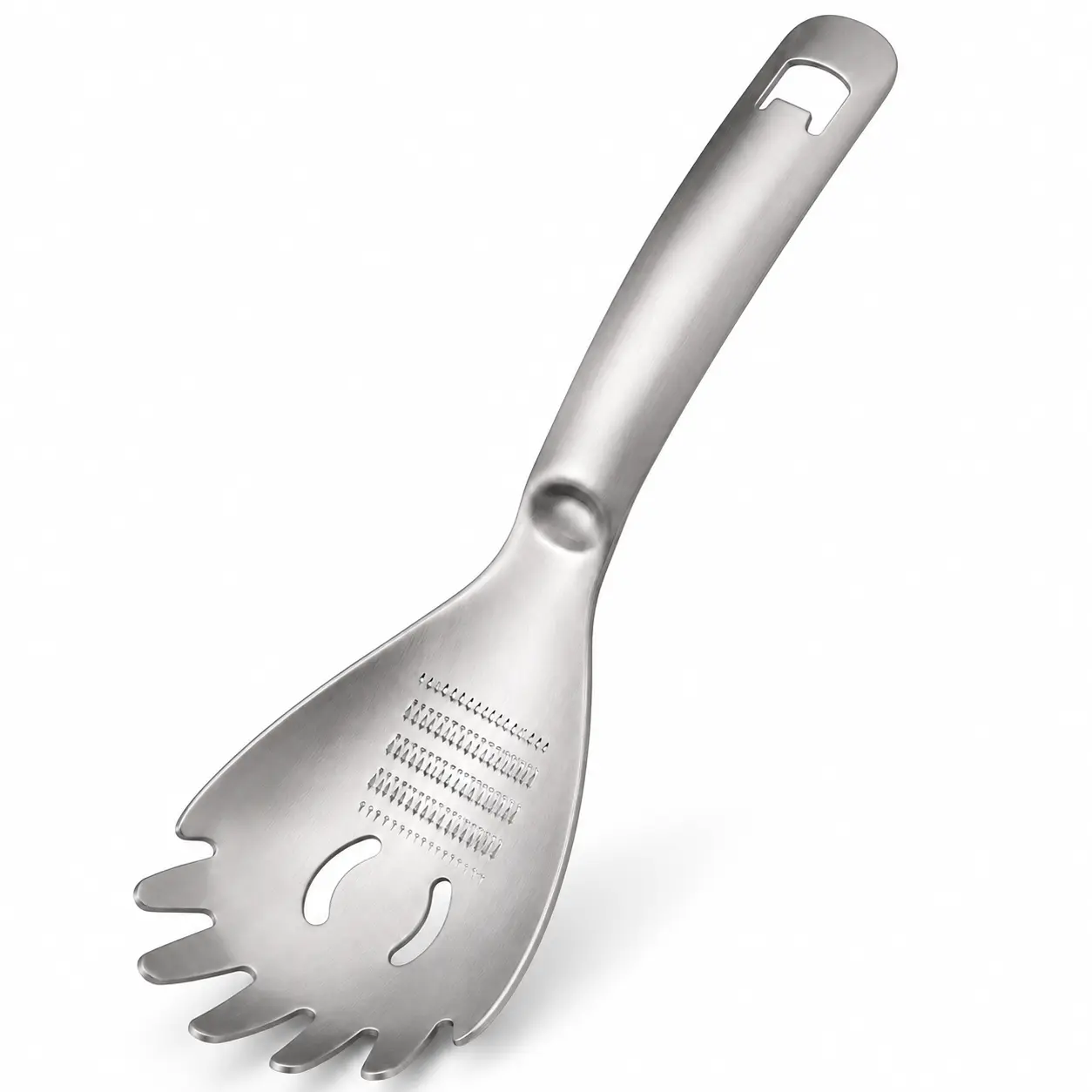 Stainless Steel Multi-Use Tool - Pasta Server, Spaghetti Spoon, Potato Masher, Garlic & Ginger Grater, Bottle Opener, Compact Kitchen Gadget with Strainer, Dishwasher Safe Metal Utensils for Home Kitchen