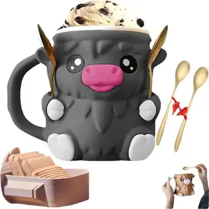 Highland Cow Ice Cream Cup Holder Set, Reusable 3D Printed Cups, Hidden Snack Storage Drawer, Multi-Purpose Beverage Cooler, Party Accessories, Mug