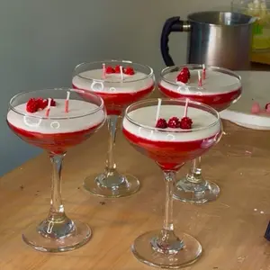 Cocktail Candle Set - Raspberry, Rose, Orange & Espresso Inspired - Handcrafted Vegan Candles in Real Glass Coupés with Faux Raspberry Toppings - Cozy, Gift, Floral, Pink/White, Creamy, Smooth, Flower, Cream