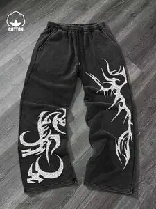 Men's Vintage Distressed Antler Flame Tribal Pants, Oversized Cotton Long Pants with Complex Gothic Print, Punk Goth Aesthetic