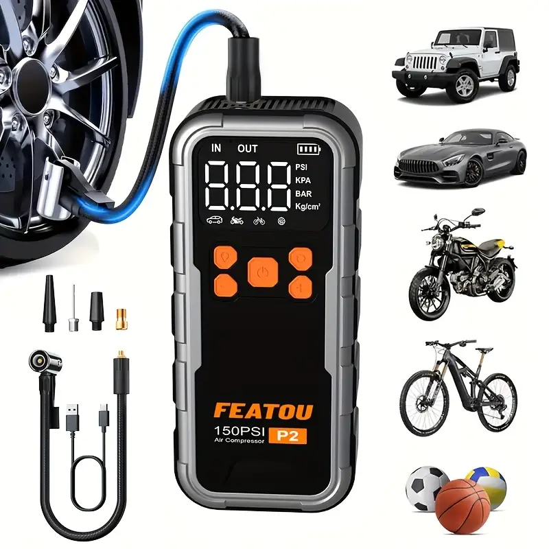 Featou P2 Pro Portable Tire Inflator 150PSI High-Pressure with Smart ON/OFF Hose Design, Lightweight 17oz Springtok, Cordless, 4+N Auto Stop Modes Pum