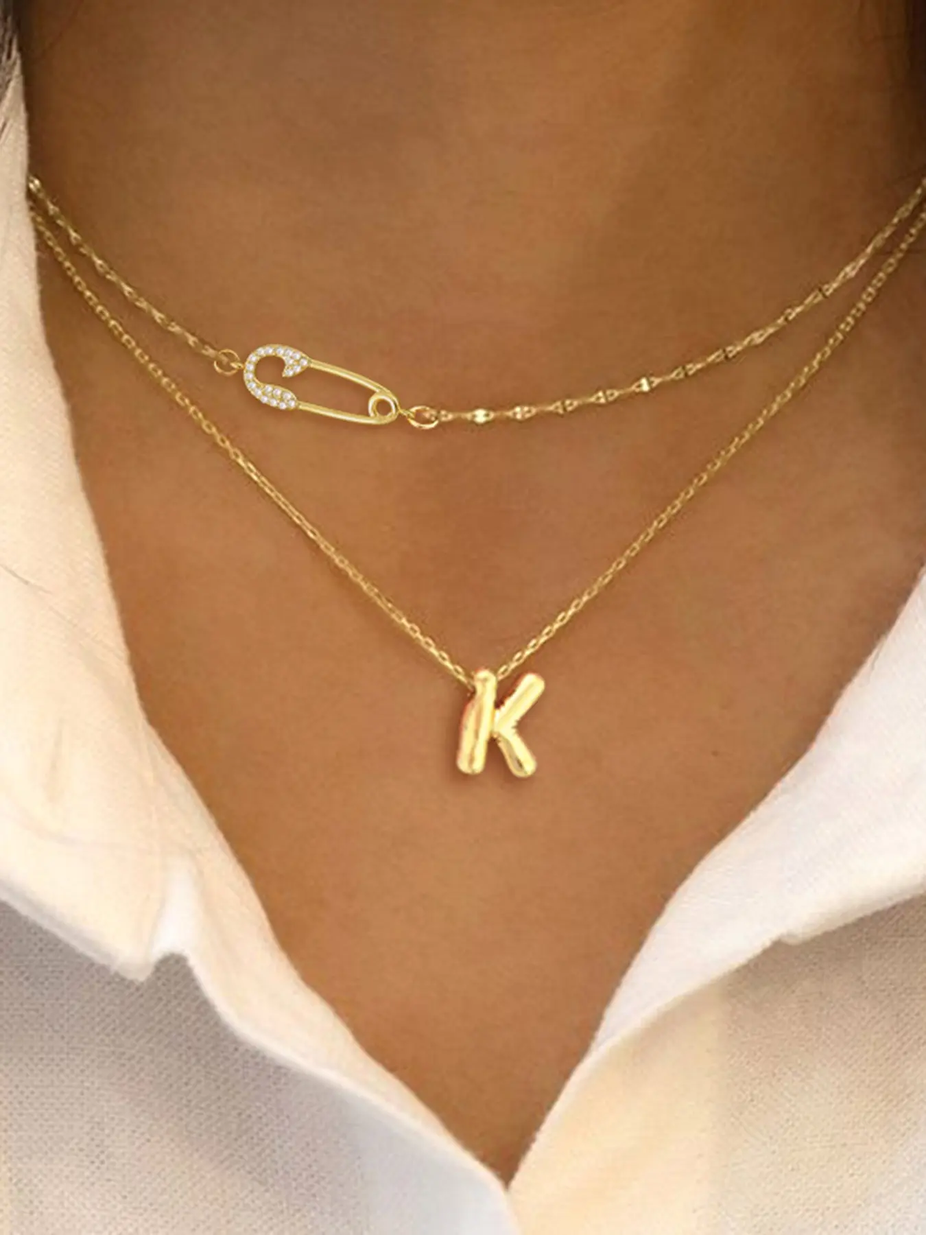 Women's Letter Zirconia Pin Necklace Set, Stainless Steel Multi-Layer Chain Design, Exquisite Chain Jewelry, Casual Fashion Jewelry, Layered Necklaces, Trendy Jewelry for All Seasons, Jewelry Gifts