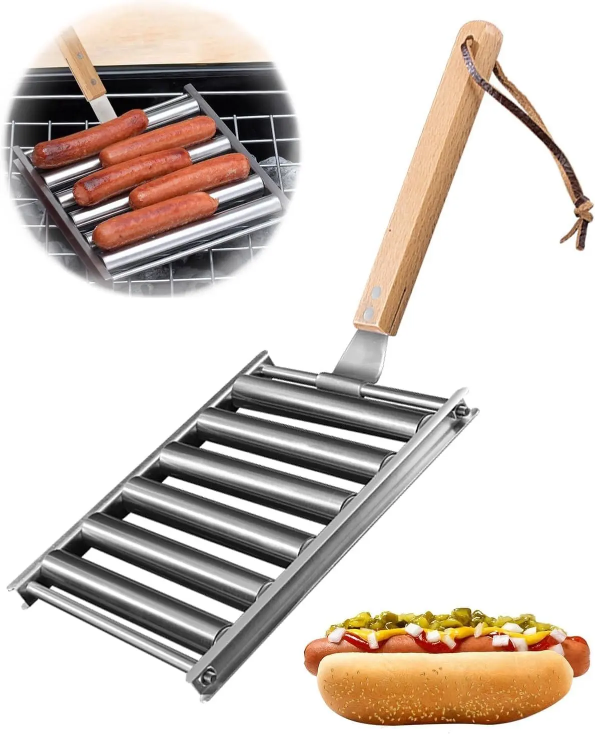 Stainless Steel Detachable Hot Dog Roller Rack - Portable Grill Attachment with Long Wooden Handle, 6 Rollers Capacity for 5 Hot Dogs & Sausages, Ideal for Camping & Outdoor BBQ Cooking, Long Handle