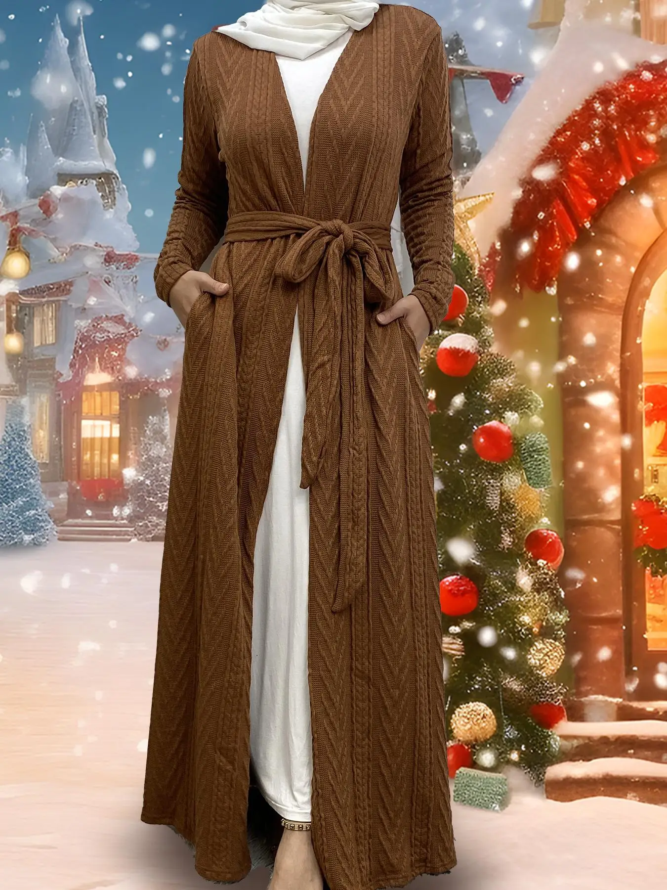 Women's Textured Pocket Belted Cardigan Kaftan, Elegant Long Sleeve Open Front Cardigan for Fall & Winter, Winter Clothes Women, Women's Islamic Cloth