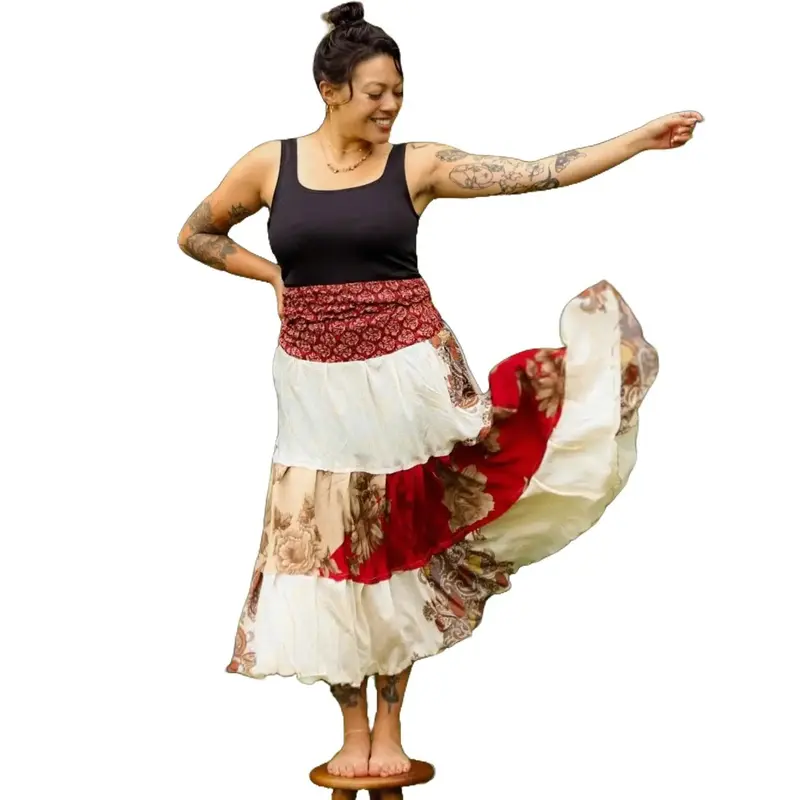 Women's Bohemian Patchwork Casual Dresses - 100% Reclaimed Traditional Sari Silk, Traditional Print, Dual Look, Chic, Earth Friendly, Cold Wash, Handpicked Color, Luxe Silk-Blend Feel, Daily Wear Transition
