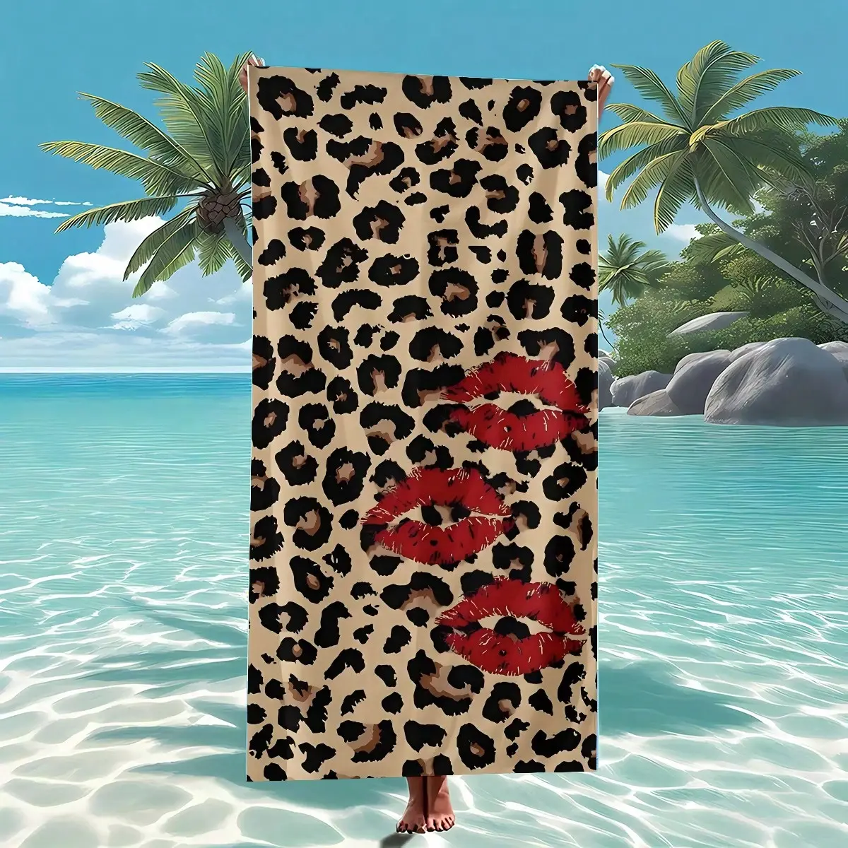 1pc Leopard Print Beach Towel - Soft, Quick-Dry With Red Lip Design, Ideal For Yoga, Travel, Swimming, Fitness, Camping, Beach Vacation, Perfect Easter Or Birthday Gift Beach Essentials, Modern, Quick-Dry Soft