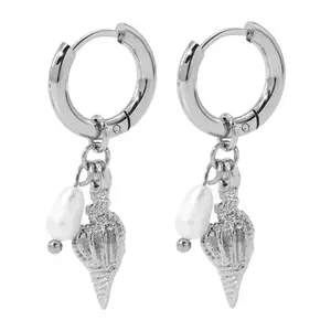 Conch Shell with Faux Pearl Dangling Huggie Hoop Earrings - Pair - Stainless Steel