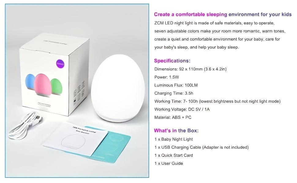 Rechargeable Egg-Shaped Night Light with 7 Color Modes Adjustable Warm White LED Touch Control Timer 100 Hours Battery Life for Teen Sleep