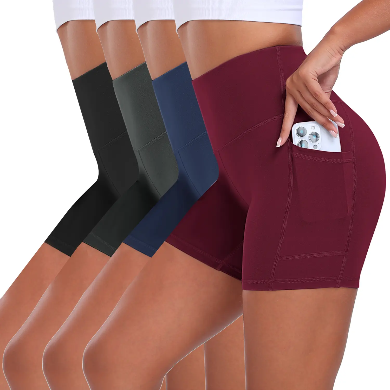 CHRLEISURE 3/4/5-Piece Set Of Solid Color Women's High Waisted Cycling Shorts With Pockets For Exercise And Yoga Short Leggings Gymclothes bikershorts