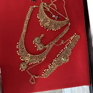 Traditional South Asian Temple Rani Haar Jewelry Set, Gold-Colored Ethnic-Inspired Set with Matching Earrings and Belt, Ethnic-Inspired Jewelry Sets, Gold-Colored Jewelry Sets