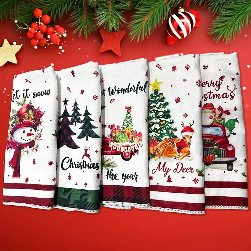 Ultra-Soft Microfiber Christmas Towels Set, 1/5 Pieces, Festive Cartoon Patterns, Snowflakes & Trees Design, High Absorbency, Modern Style