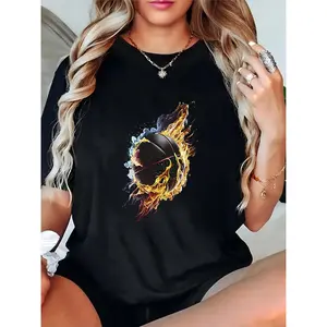 Women's Black T-Shirt with Fiery Colorful Basketball Graphic - Casual Sporty Top for Basketball Enthusiasts, Game Day & Streetwear 100% Cotton T-shirt