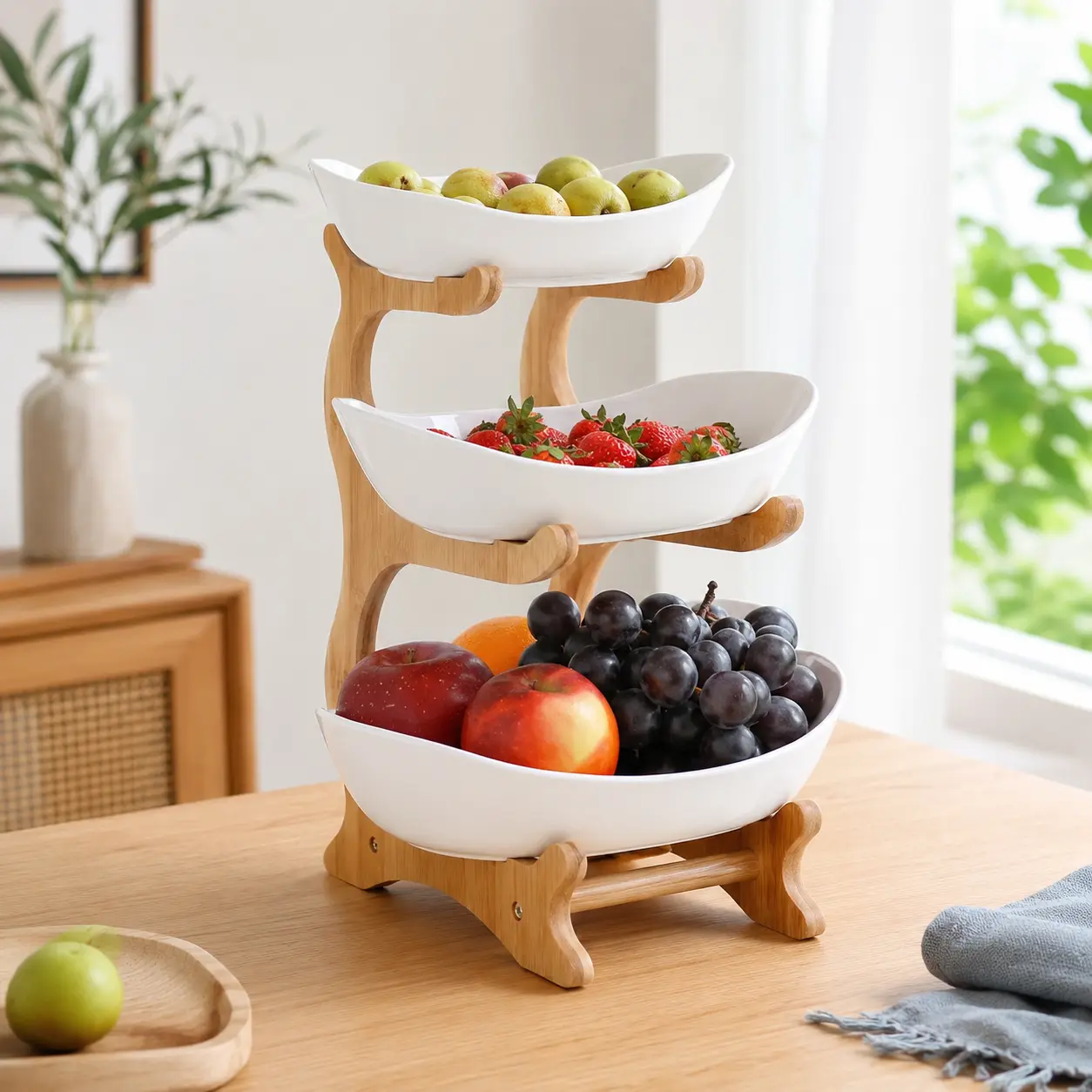 3-Tier Plastic Fruit Tray, Wood Grain Style Snack Serving Tray, Space-Saving Food Organizer for Living Room, Easy to Assemble Decorative Tray, Ideal for Home Daily Use & Birthday Gift