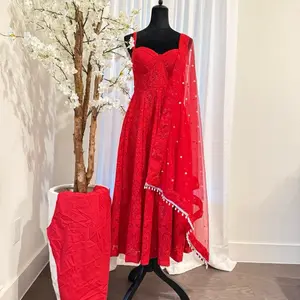 Red color Chikankari Anarkali Set