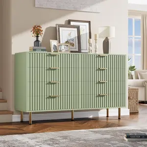 【Christmas Gift】8 Drawer Dresser for Bedroom Fluted 55 inch Wide Modern Chest of Drawers with Deep Drawers Wooden Dresser Organizer for Living Room Hallway Kids Room Green