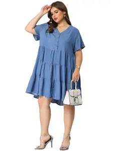 Agnes Orinda Plus Size Dresses for Women Button Down V Neck Knee Length Tiered Chambray Dress