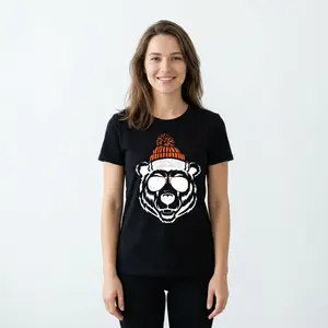 Women's Pattern Hoodie - 'CHICAGO' Sunglasses Bear Print, Gray Cotton Knit Crewneck Sweatshirt, Breathable with Slight Stretch graphic t-shirt