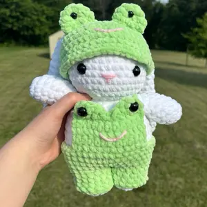 Crochet Bunny Wearing a Frog Costume- Handmade