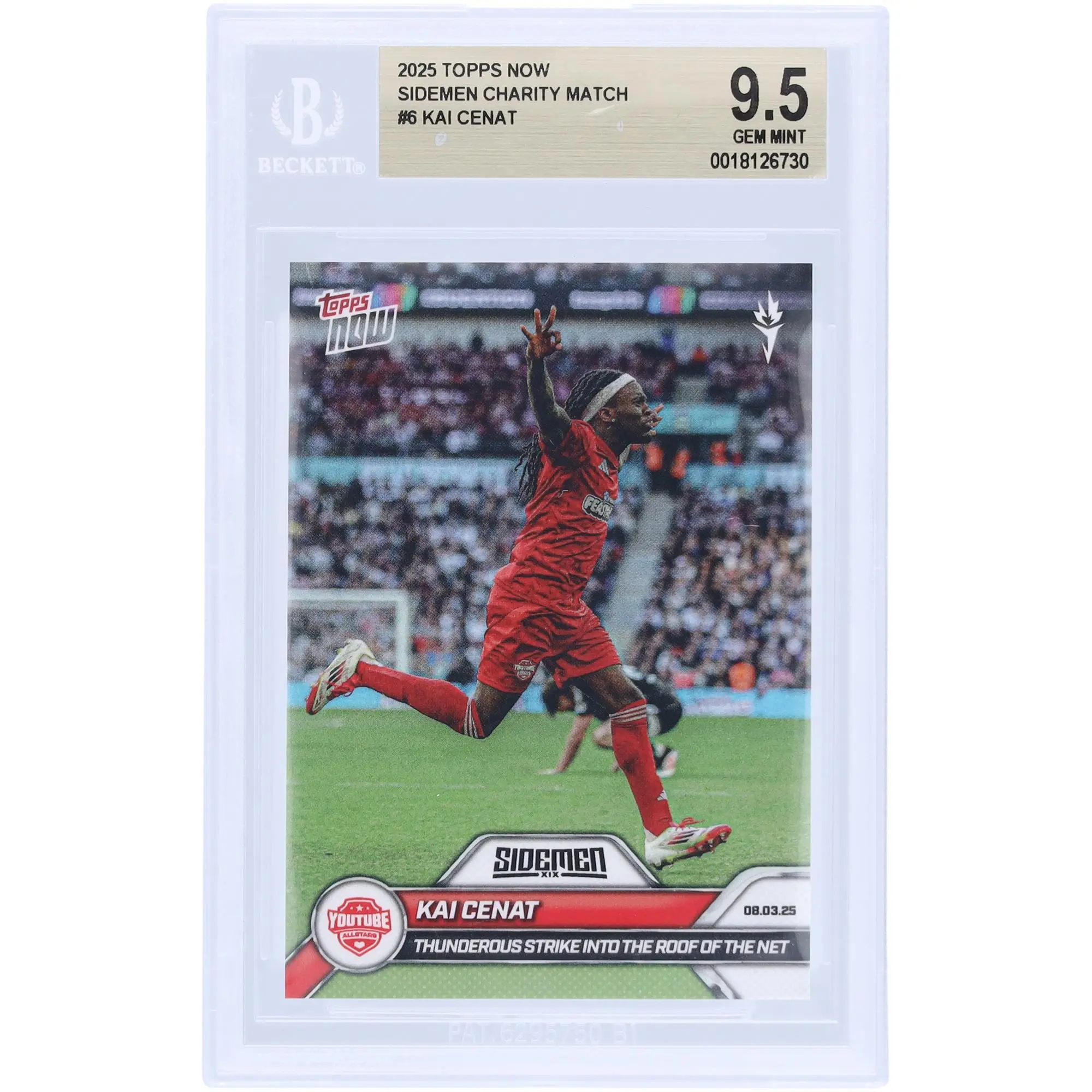 Kai Cenat YouTube All Stars 2025 Topps Now Thunderous Strike Into The Roof Of The Net #6 BGS Authenticated 9.5 Card