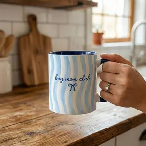 [Sale Up To 50%] Boy Mom Club Ceramic Mug: Blue Stripe Coffee Cup Coquette Style Drinkware, 11oz ceramic accent mug
