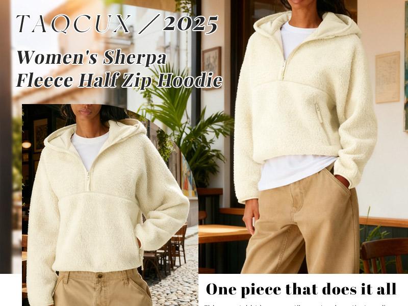 Women's Hoodie Half Zip Sherpa Fleece Pullover Lightweight Cropped Jacket with Zipper Pockets for Sports Hiking Biking Spring Fall Winter