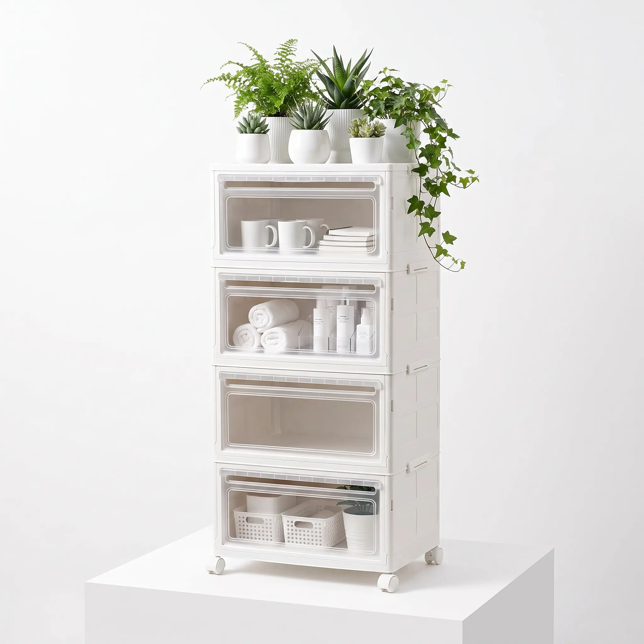 4-Tier Foldable Storage Cabinet with 2 Magnetic Doors, Stackable Organizer Bins on Wheels with 360° Lockable Casters, Large Capacity Storage Unit for Bedroom Kitchen Laundry, Books Drinks Snacks Blankets, Top & Front Open Design