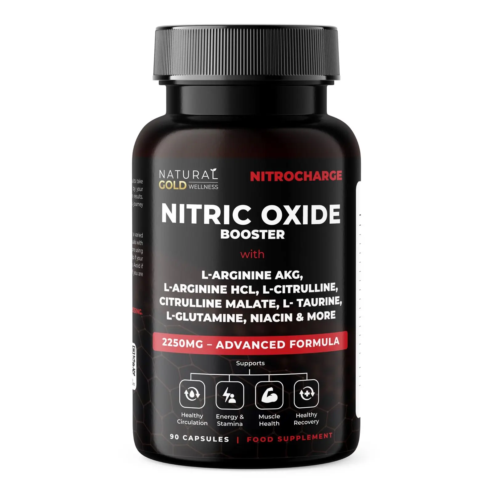 NitroCharge – Nitric Oxide Booster – L-Arginine AKG, L-Arginine HCL, L-Citrulline, Citrulline Malate, Taurine & Glutamine – Daily Circulation & Energy Support Formula – Vegan Capsules, 90 Capsules/Bottle – Edible Fitness Supplement