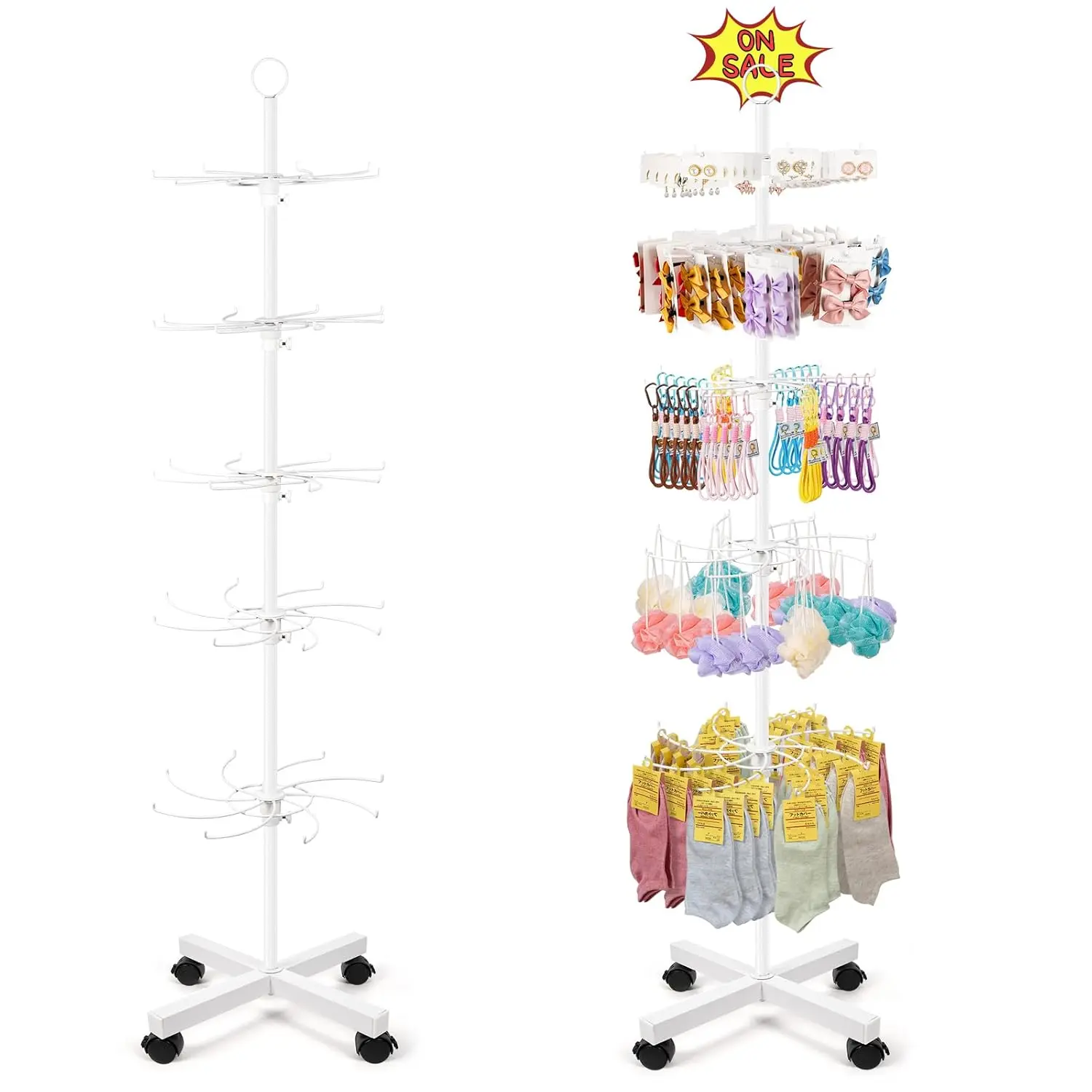 Retail Display Stand, 5-Tier Rotating Display Rack for Store Display, Movable and Adjustable Spinning Display Stand for Earrings, , Keychains, Socks Display (White)