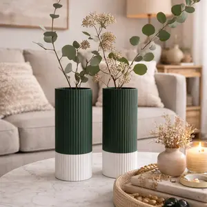 Modern Ribbed Two Tone Vase Set Black and White