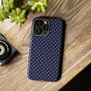 Navy Blue Polka Dot Vintage Style Tough Phone Case, MagSafe Shockproof Dual Layer Cover, Protective Case For iPhone Series 11 To 17 Pro Max, Cute Aesthetic Gift For Him and Her