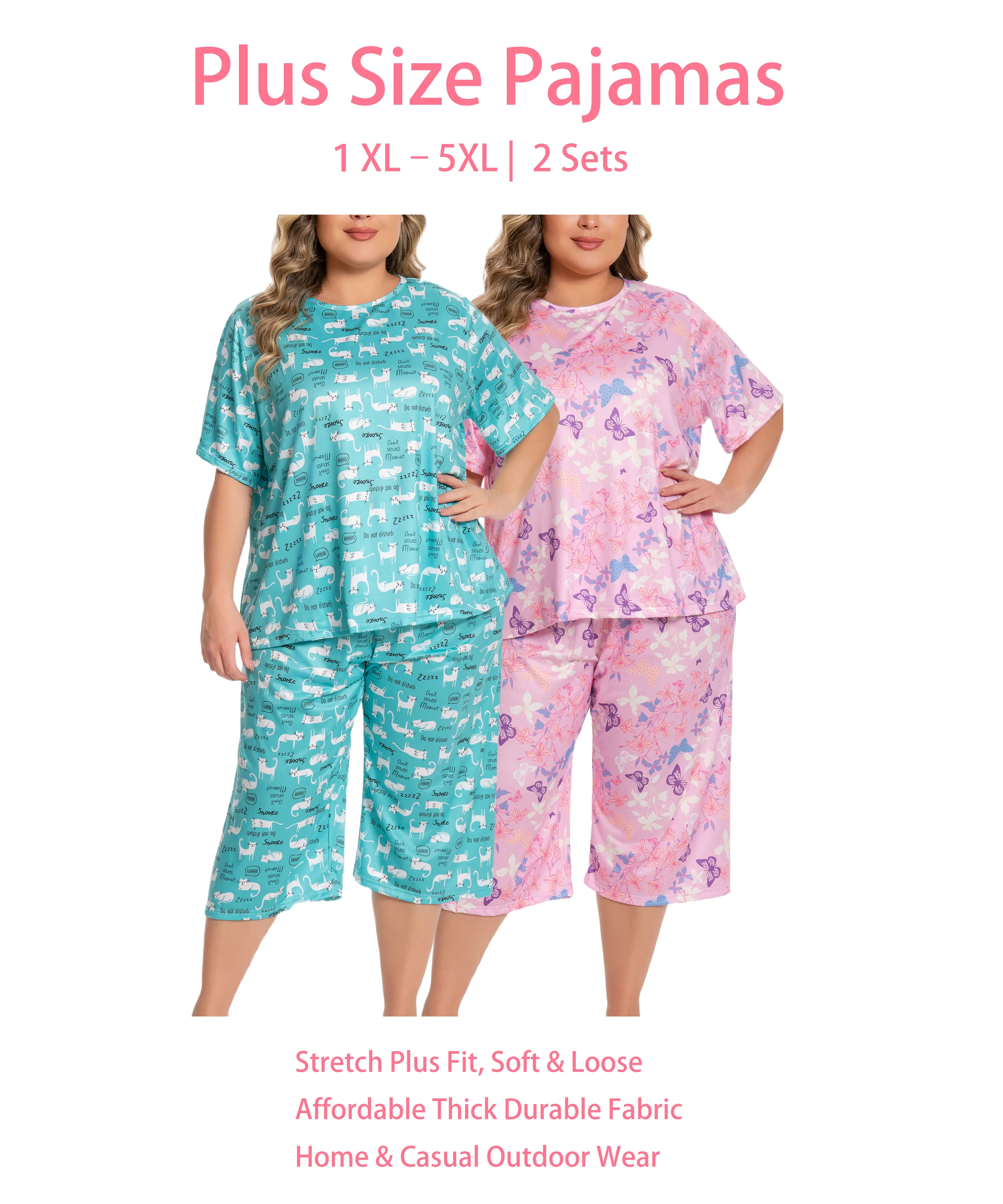 Women's Plus Size 1XL-5XL 2-Set Print Nightwear, Short-Sleeve Top & Capri Pants Soft Breathable Shortsleeve Loungewear, Matching Pajamas, Clothes, Curvy Clothing, Plus Size Matching Sets, Comfy Sets