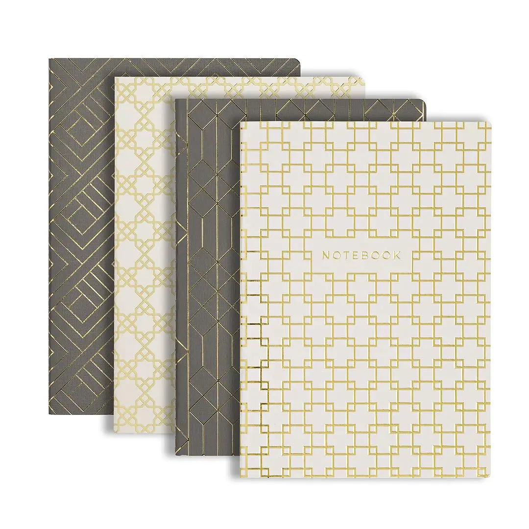 BLU MONACO Women's Geometric Design Notebook Set (4 Pcs, 8.5in L × 5.8in W) – Portable Modern Dark Grey & Cream Notebooks with Metallic Gold Foil, 64 Lined Pages, Unique Patterns, Office Stationery for Daily Planning, Thoughtful Gift, Woven Cover